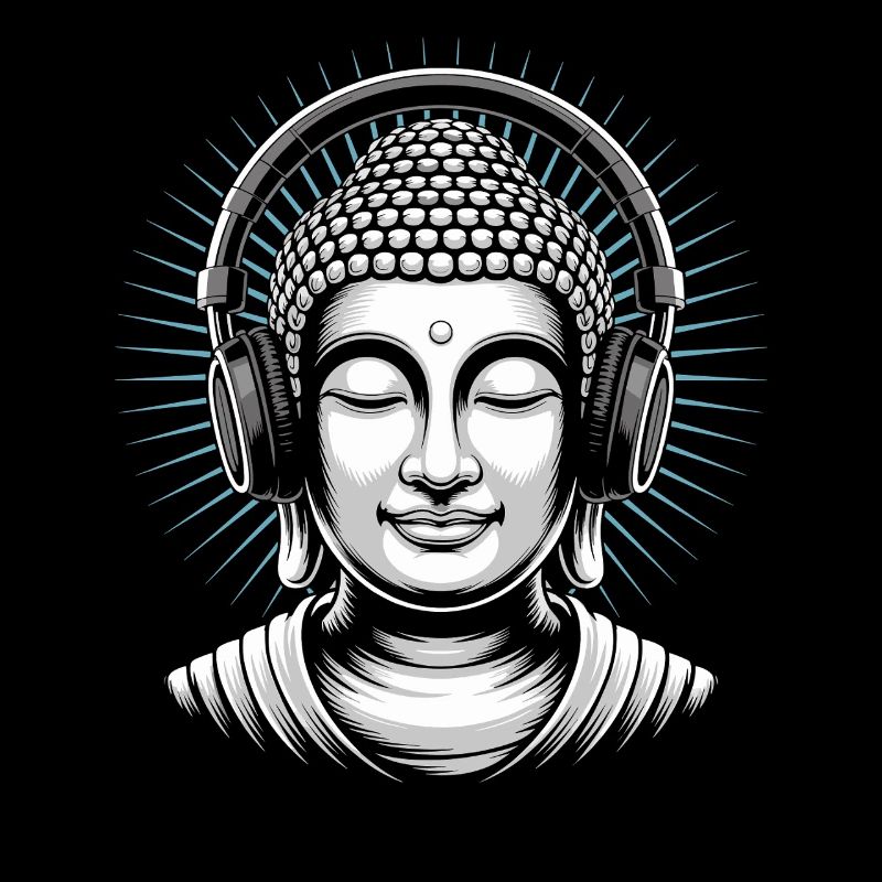 Buddha mit Kopfhörern Achtsamkeit Musik Boho Zen