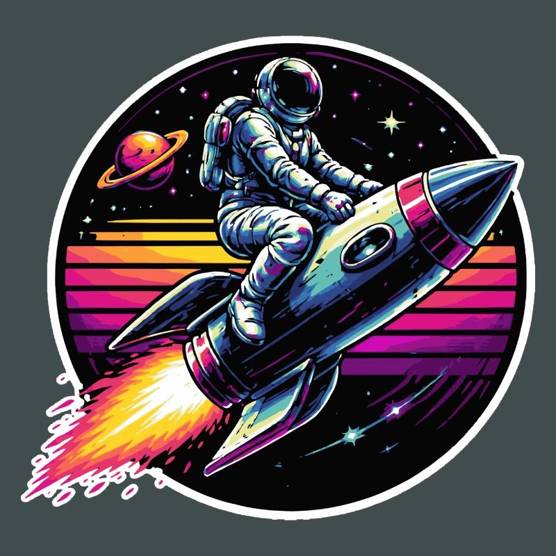Astronaut on rocket in retro sunset