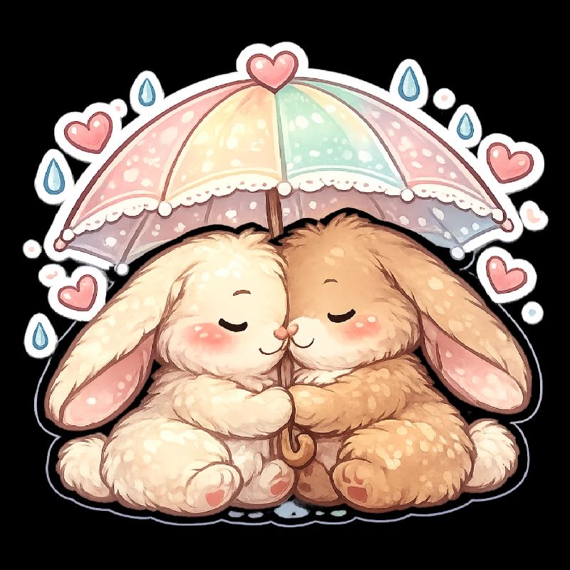 Cuddly rain rabbits under umbrella