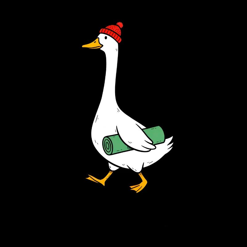Gans mit Strickmütze und Yogamatte
