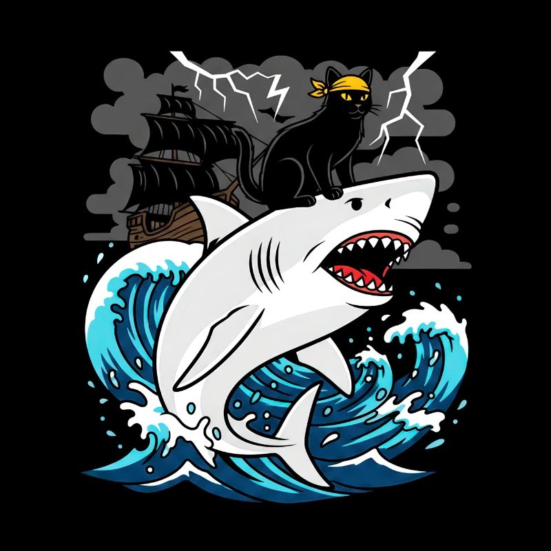 Pirate cat against storm shark
