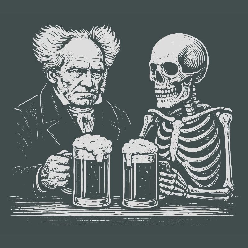 Arthur Schopenhauer drinking beer with skeleton