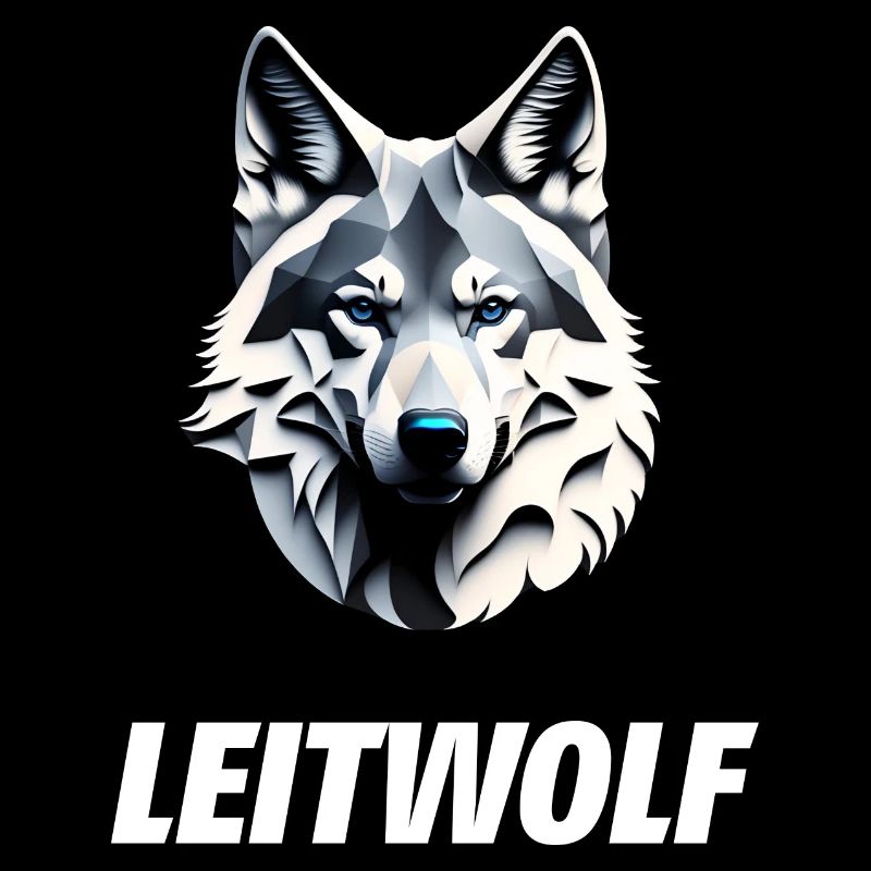Leitwolf mit blauen Augen und Schriftzug