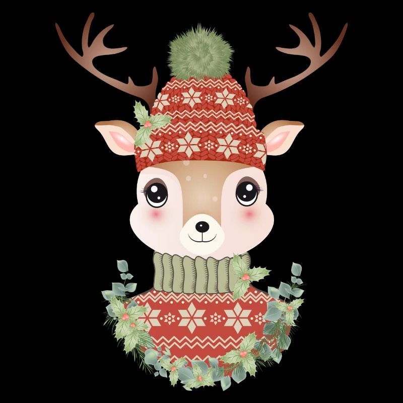 niedlicher Hirsch mit Pullover,Bommelmütze & Kranz