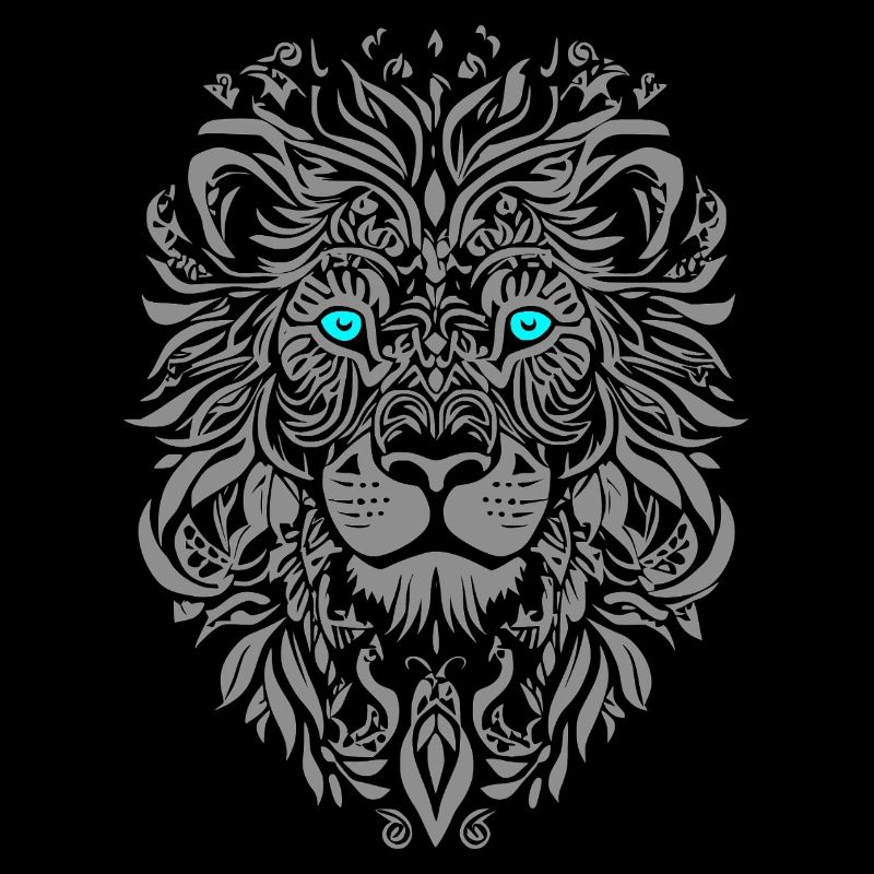 Silver lion with blue eyes and leaf pattern