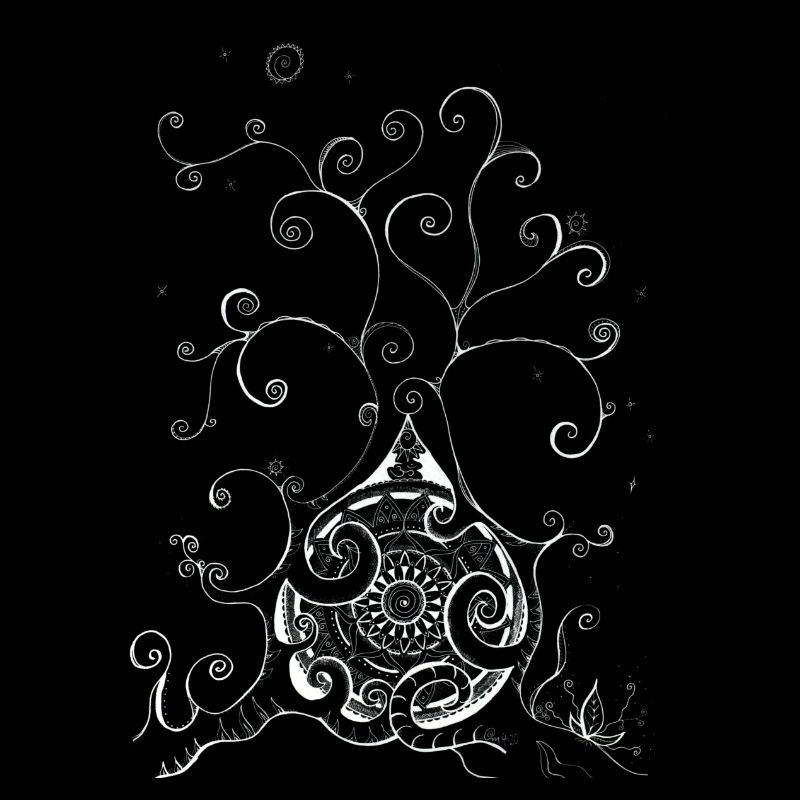 Playful Snow Tree in Black and White with Mandala