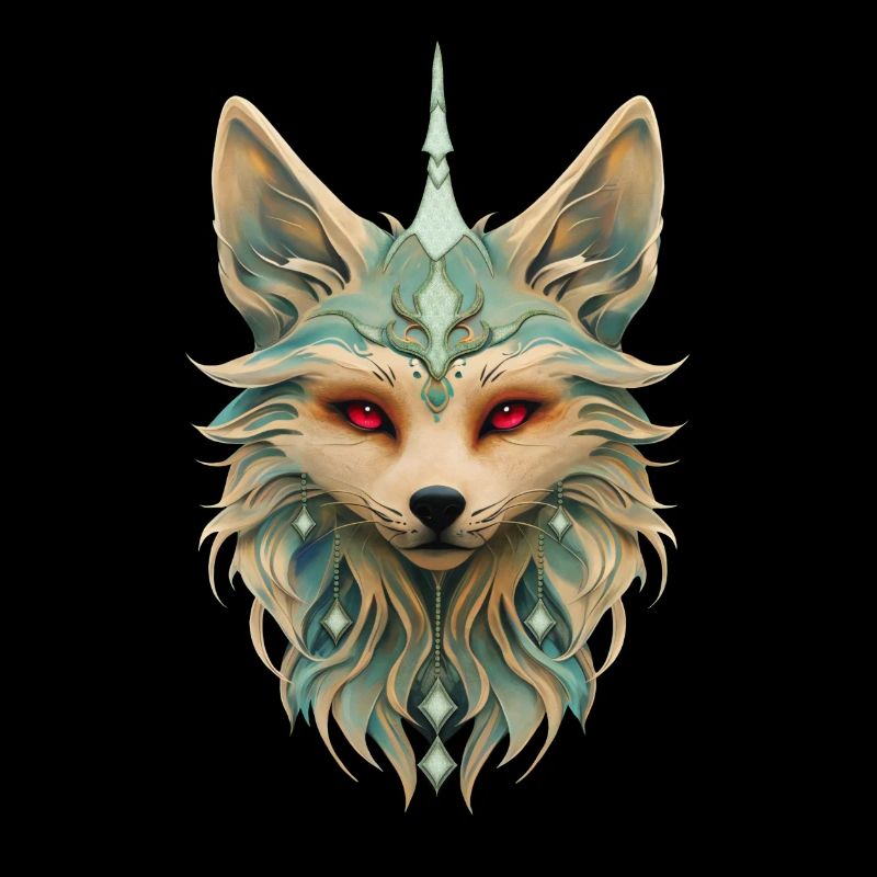 Mystical fox with piercing red eyes.