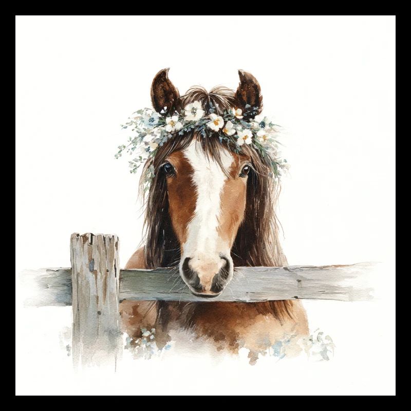 Cheval aquarelle avec couronne florale