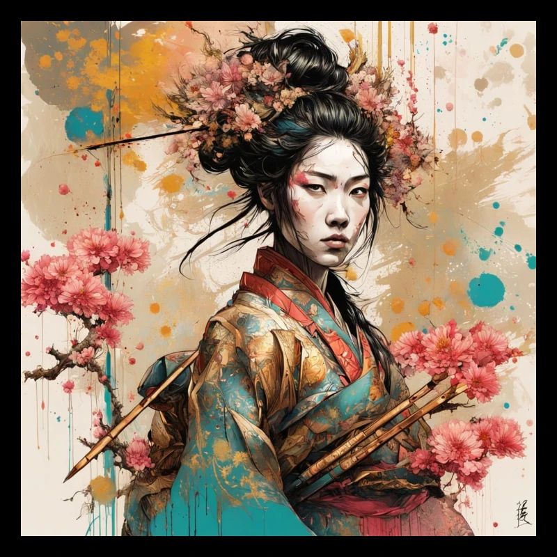 Blossom warrior in ink style Ladysamurai
