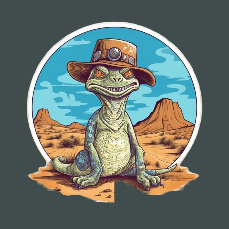 Dinosaure créatif avec chapeau dans le désert