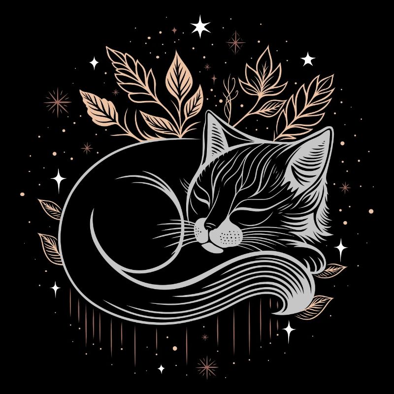 Chat endormi dans le feuillage - Nuit d’automne mystique