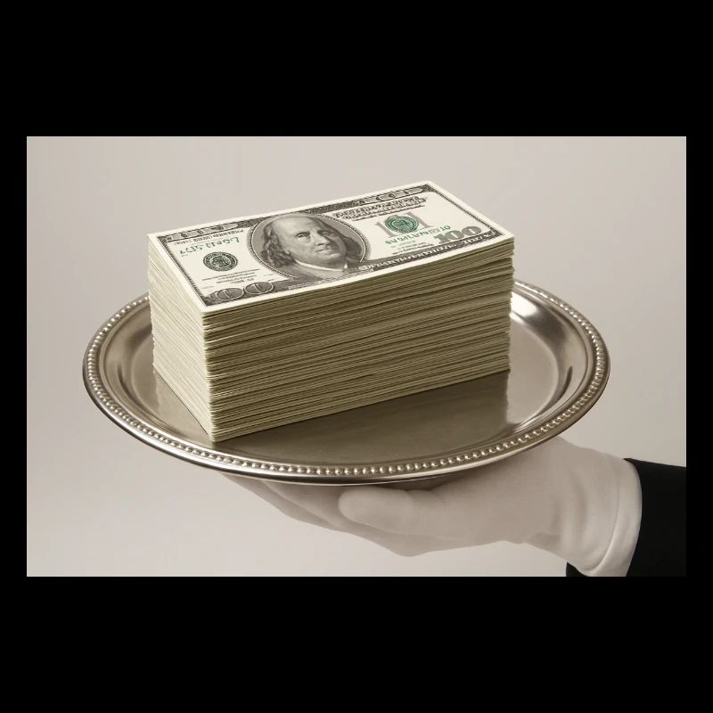 Pile de billets de banque sur un plateau en argent