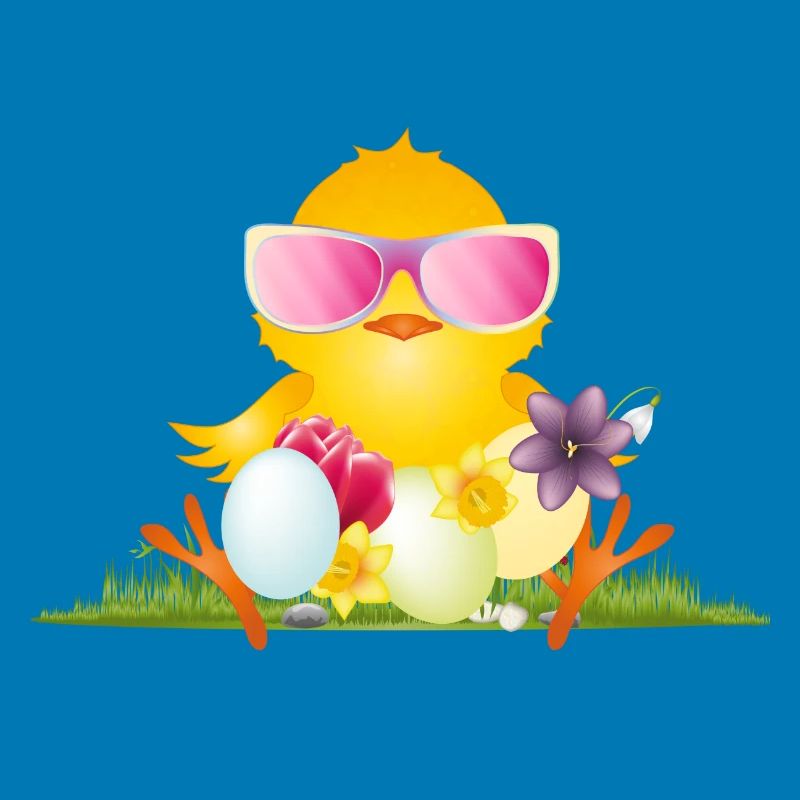 fluffy chick with Easter eggs and pink glasses