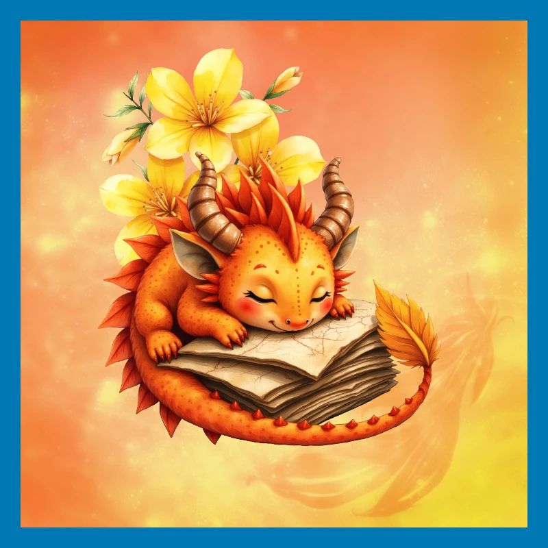 Verschlafener Drache auf geblümtem Buch