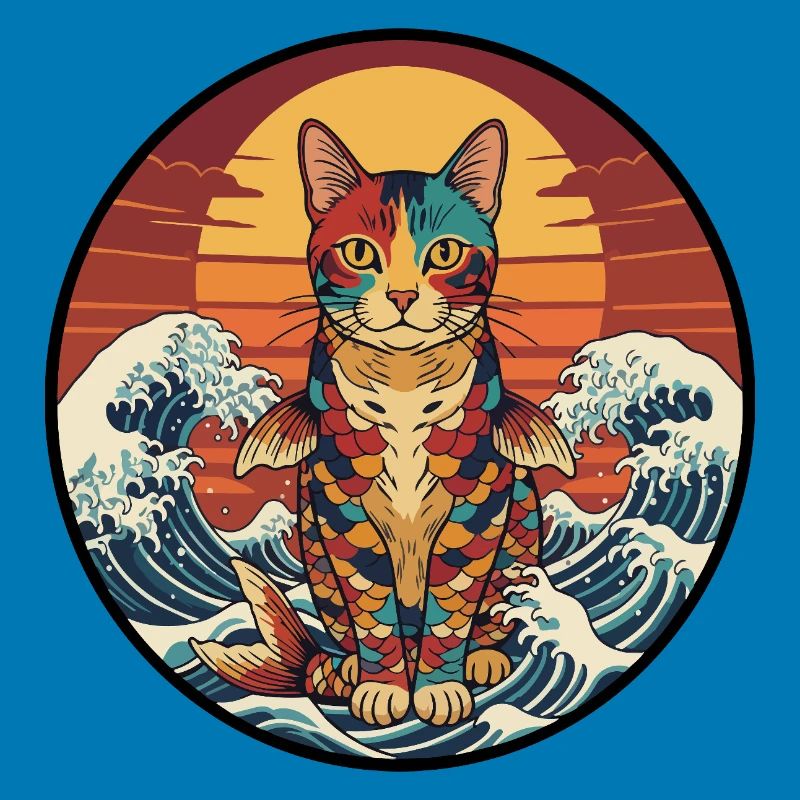 Koi Cat Sunset Waves
