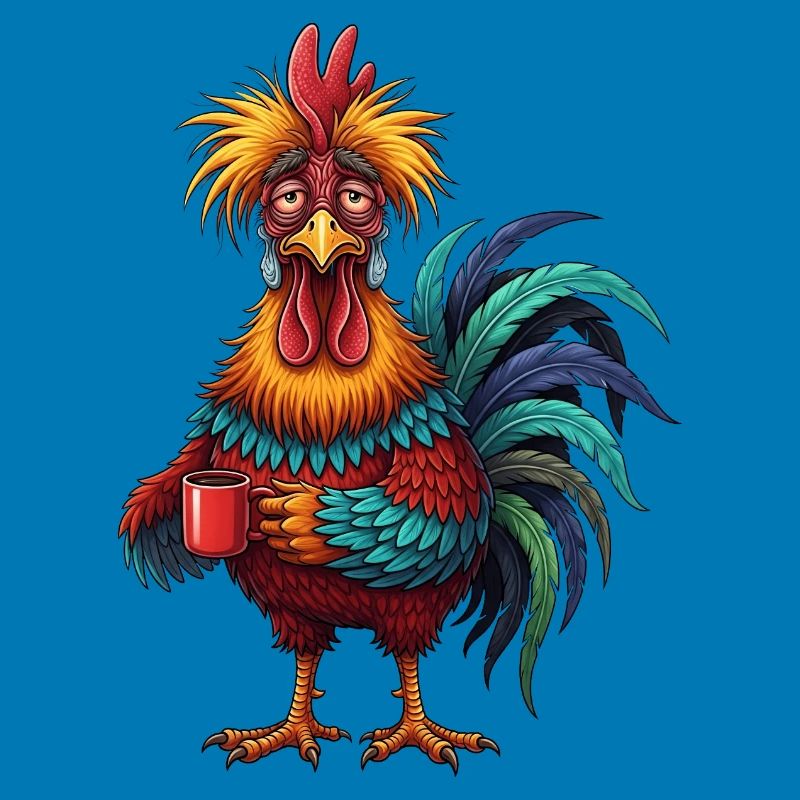 Lebhafter Hahn mit Kaffeetasse