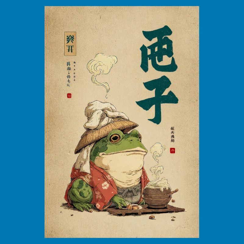 Frosch-Samurai im Seidenmantel mit Tee