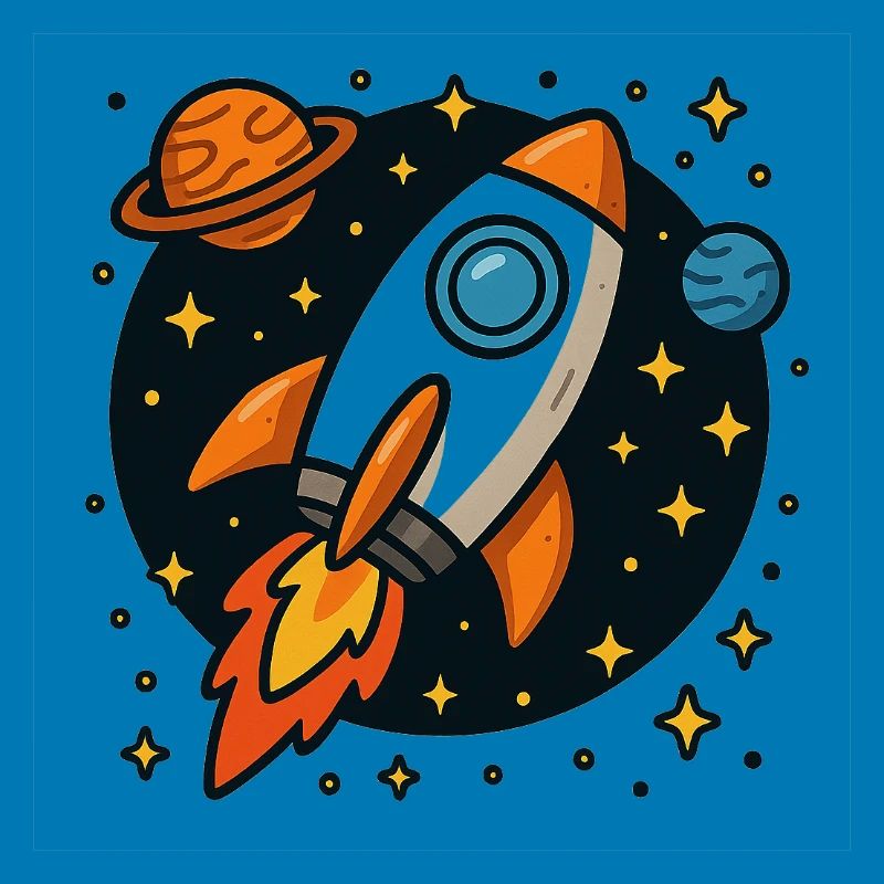 Retro space rocket in star orbit