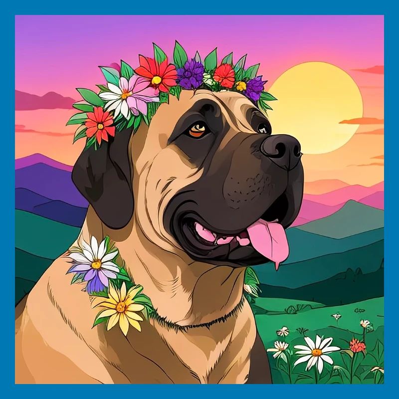 Mastiff mit Blumenkranz