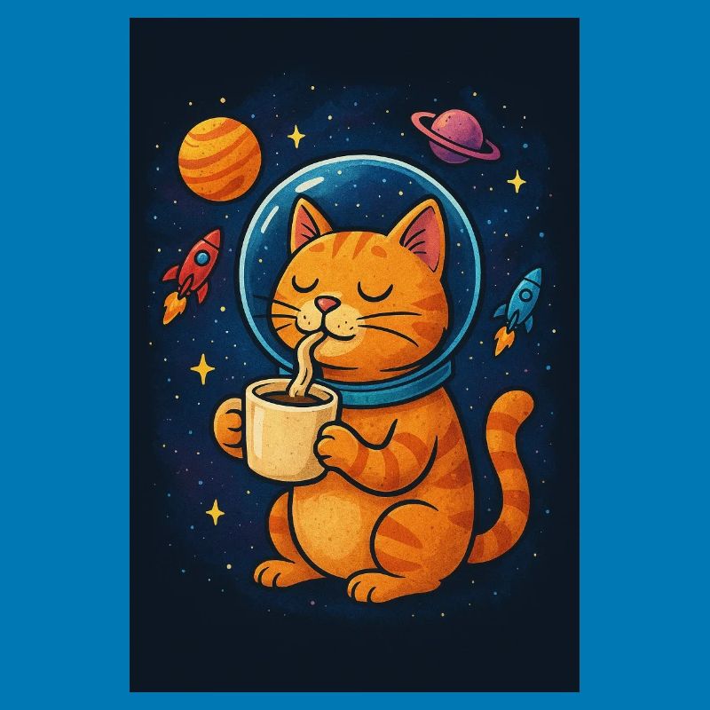 Chat en combinaison spatiale buvant du café