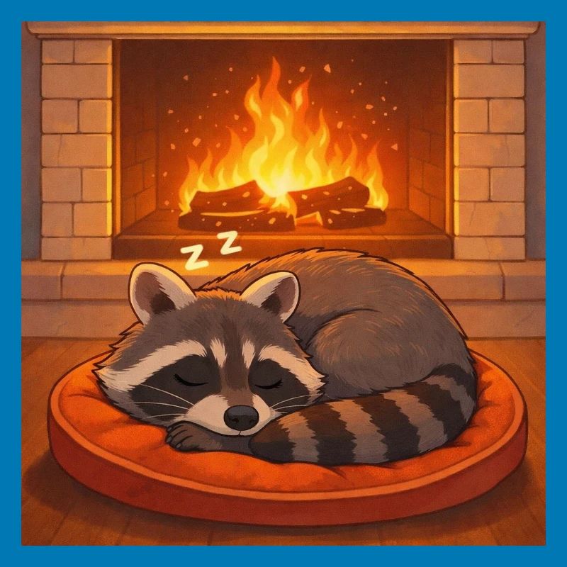 Gemütlicher Waschbär am Kamin