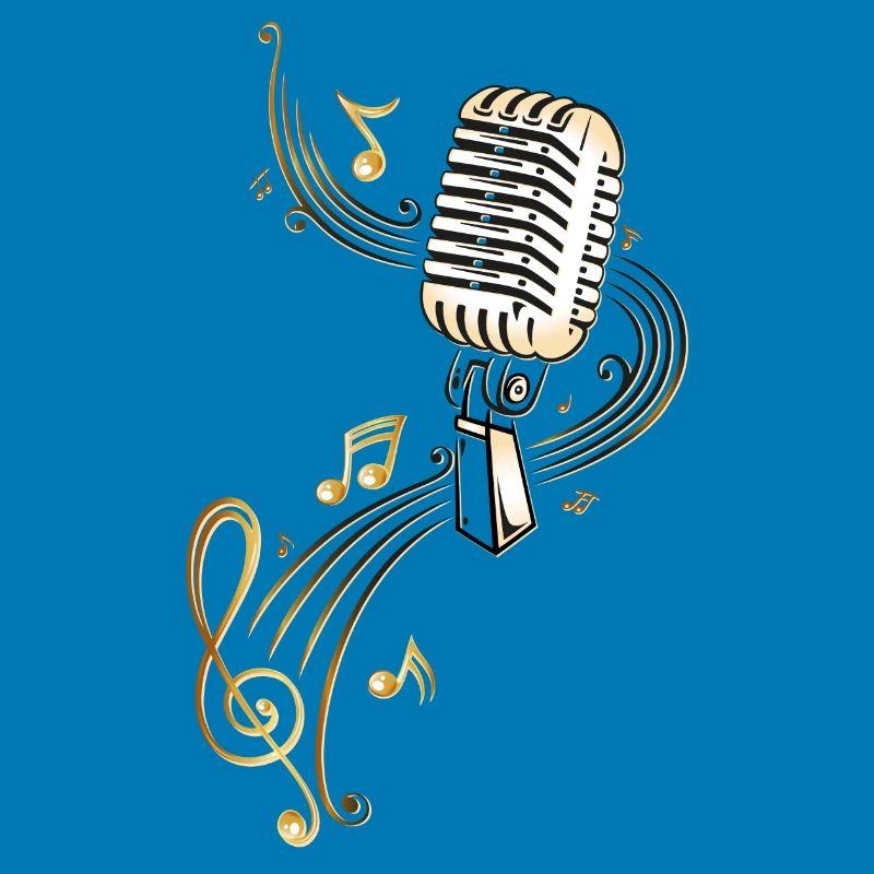 Retro microphone with music notes and clef.