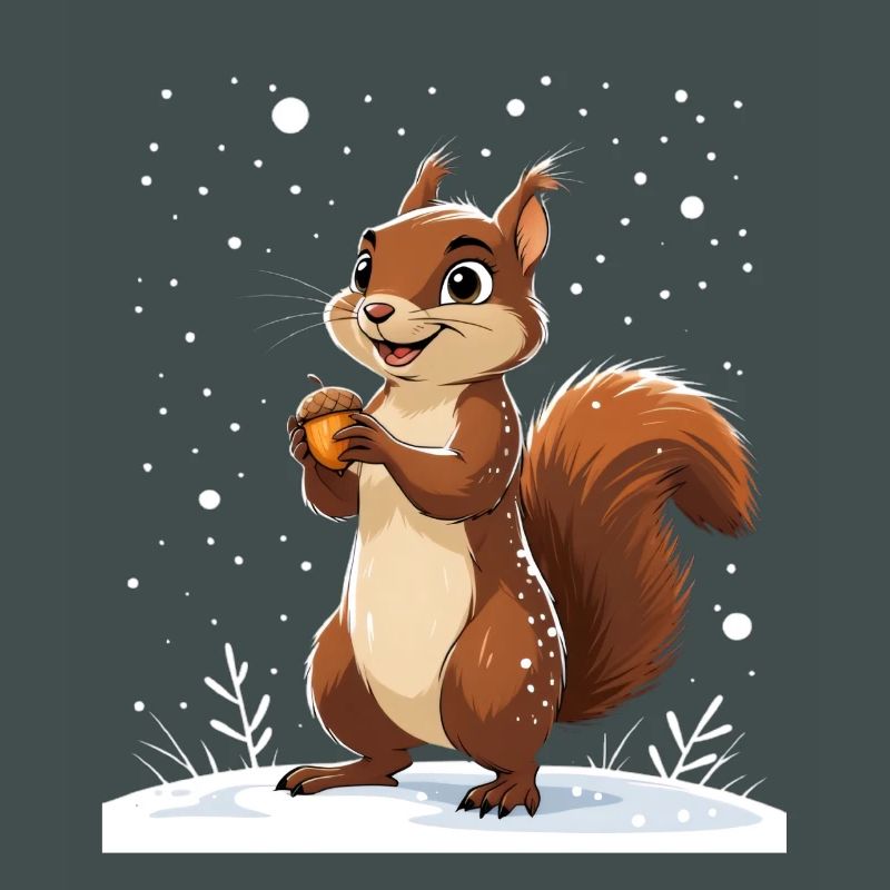 Winterliches Eichhörnchen mit Eichel