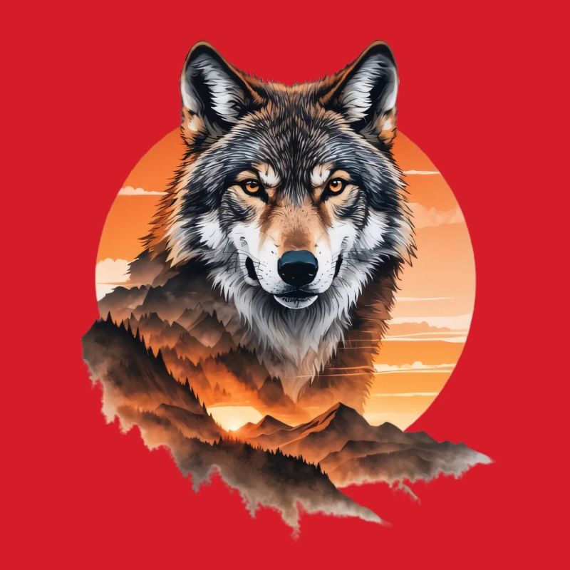 Wolf im Abendrot über Bergen