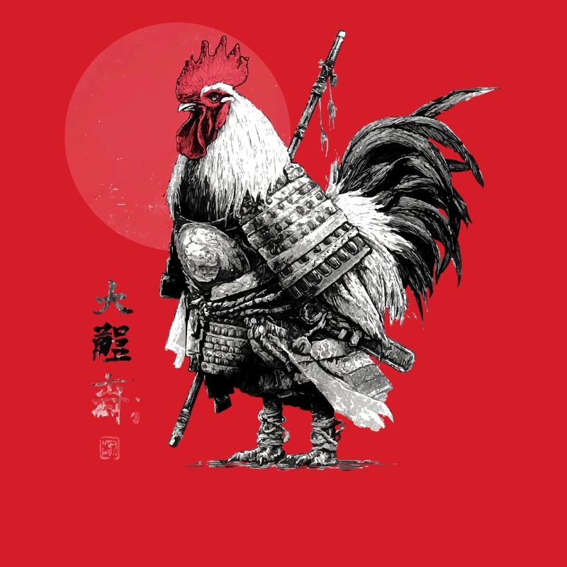Samurai Rooster in Armor Under Red Sun