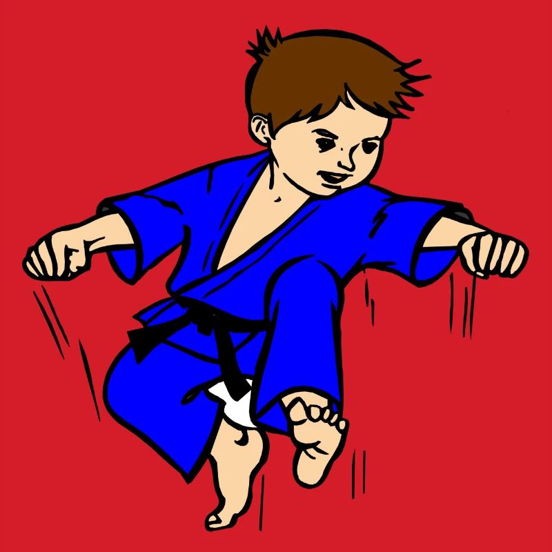 Blauer Anzug Karatekind oder Judokind mit schwarzem Gürtel