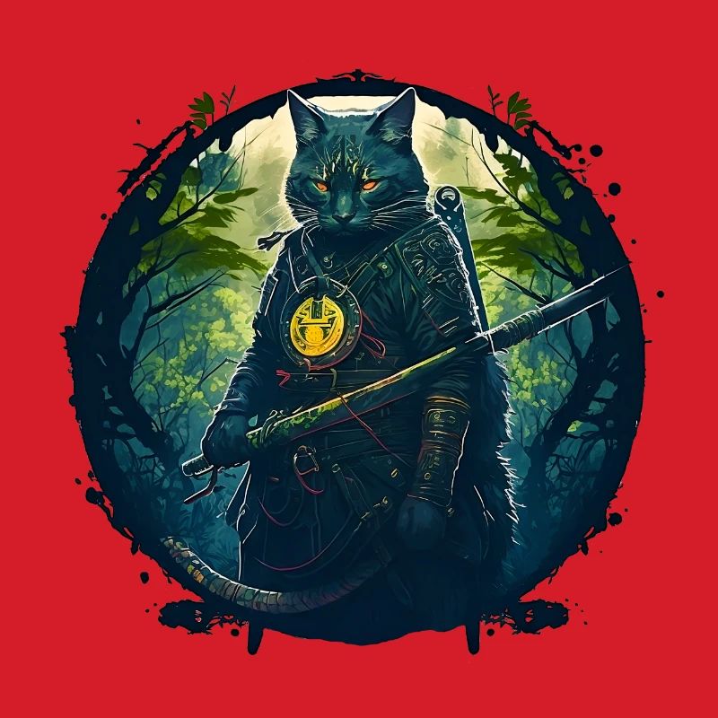 Chat comme samouraï dans la forêt