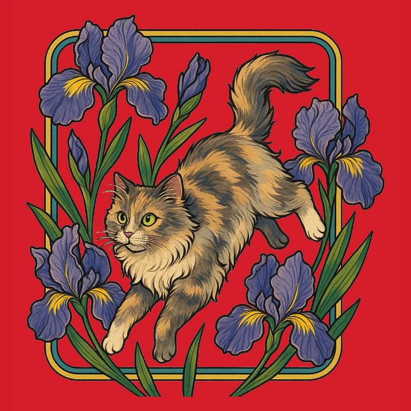 Chat élégant parmi les fleurs d'iris
