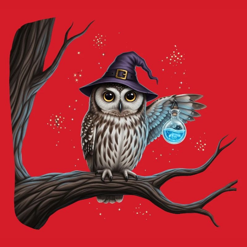 Magic owl with witch hat and magic bottle
