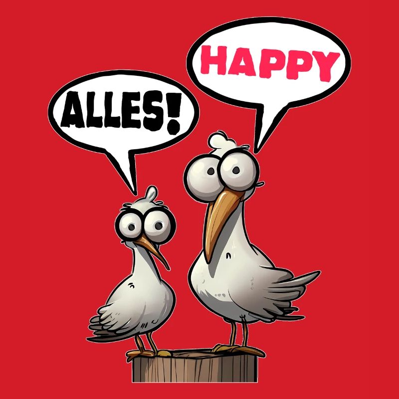 Humorous seagulls with speech bubbles everything happy
