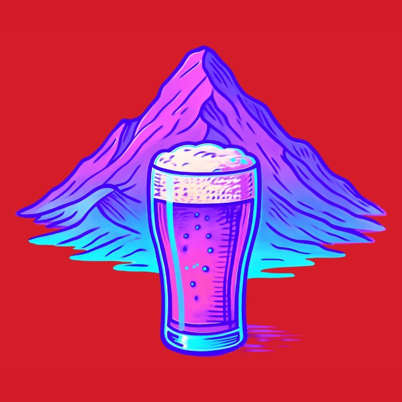 Neon Bierglas vor Berglandschaft