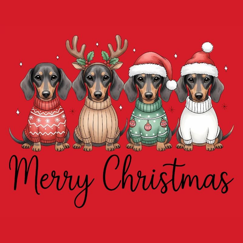 Vier Dackel, Dachshunde in Weihnachtspullover