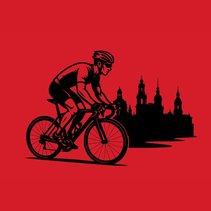 Des cyclistes en course devant la silhouette de Dresde