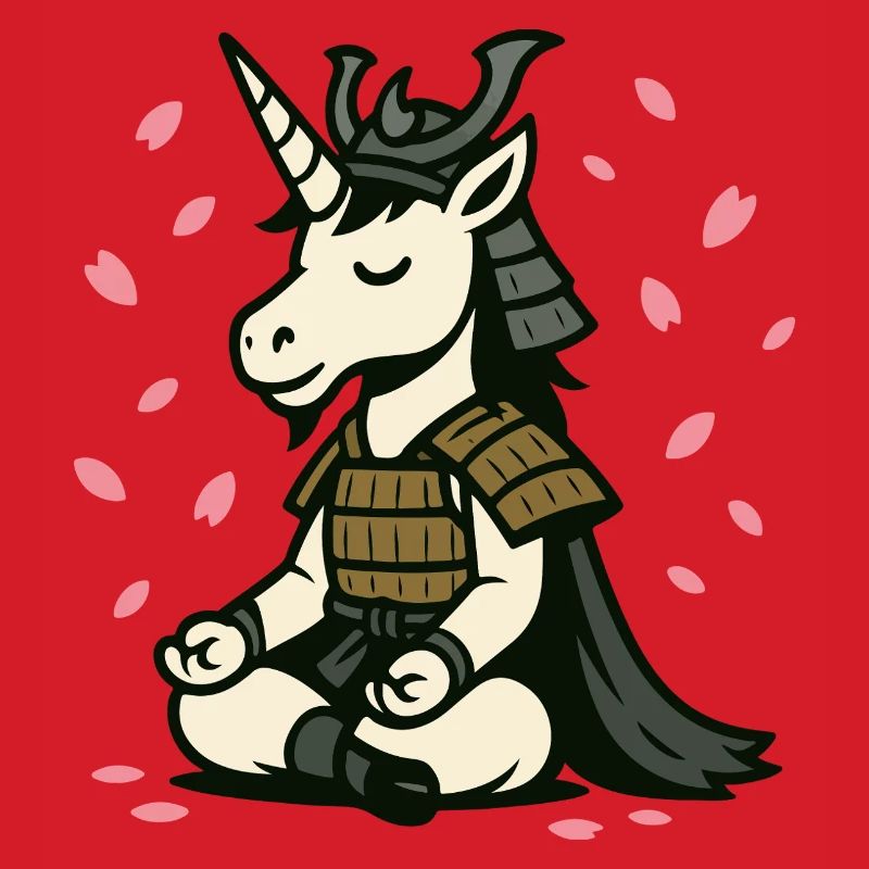 Meditierendes Samurai-Einhorn mit Kirschblüten