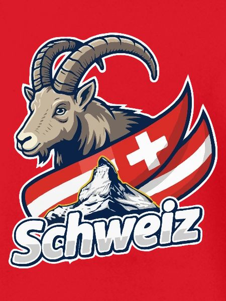 Alpensteinbock mit Schweizer Flagge