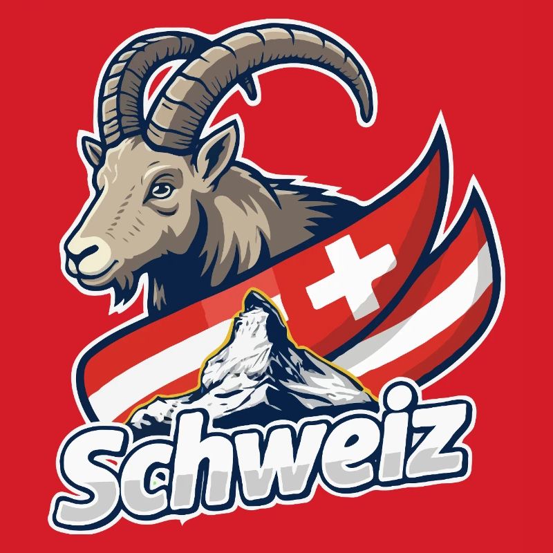 Alpensteinbock mit Schweizer Flagge