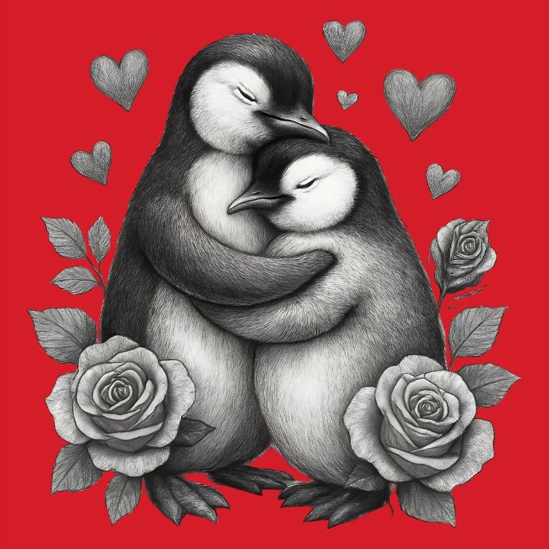 Hugging penguins with roses