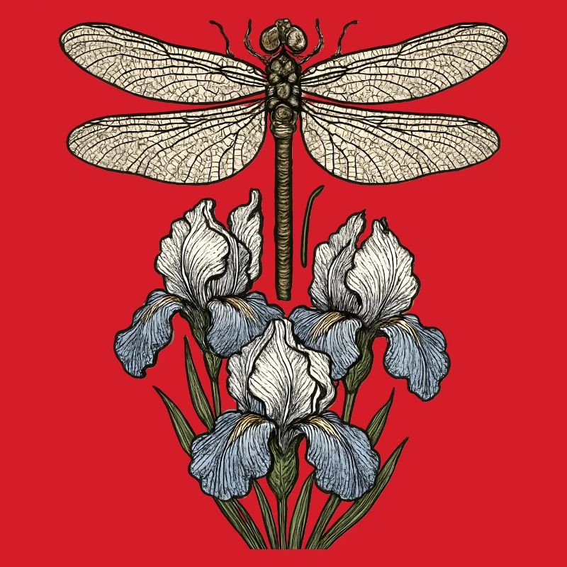 Libellule sur fleurs d’iris