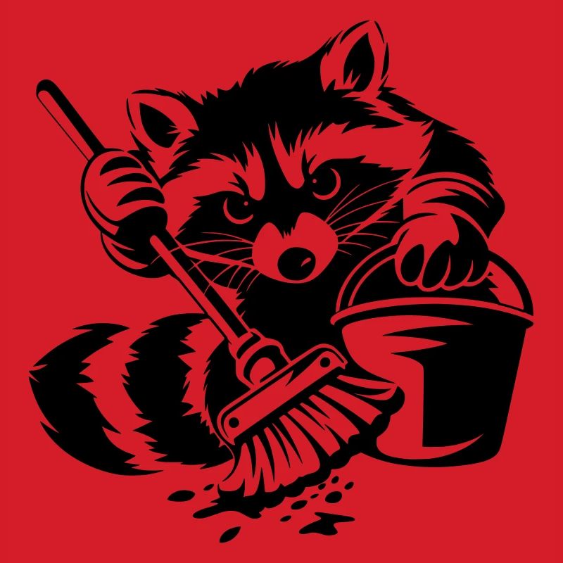Waschbär mit Eimer & Mopp