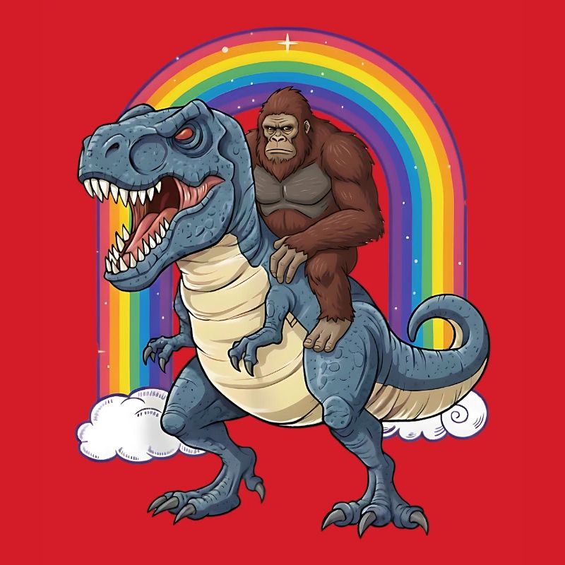 Bigfoot Reitet T-Rex Dinosaurier Regenbogen