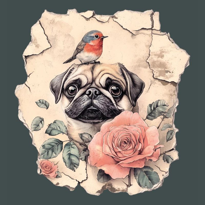 Mops mit Rotkehlchen
