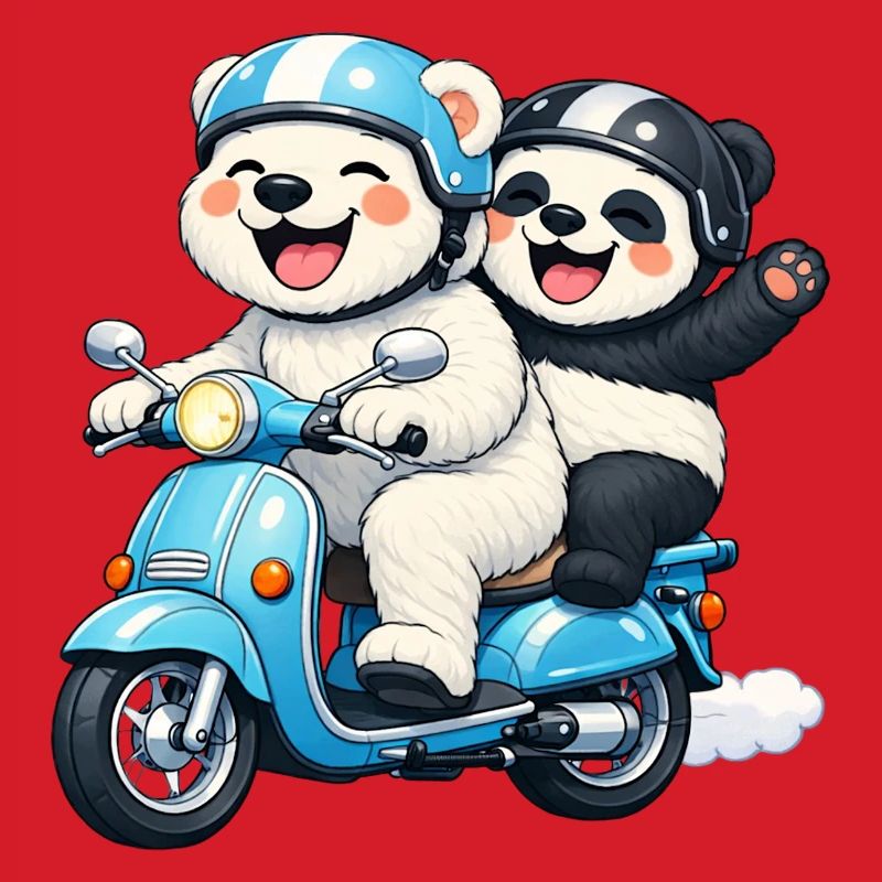 Eisbär und Pandabär auf einem Roller