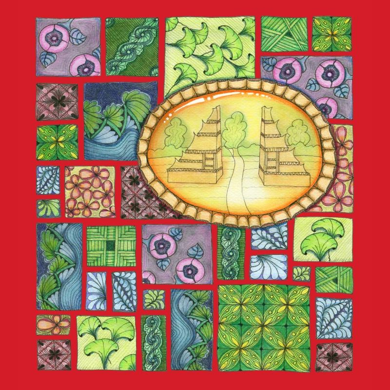 Bali temple on pattern patchwork