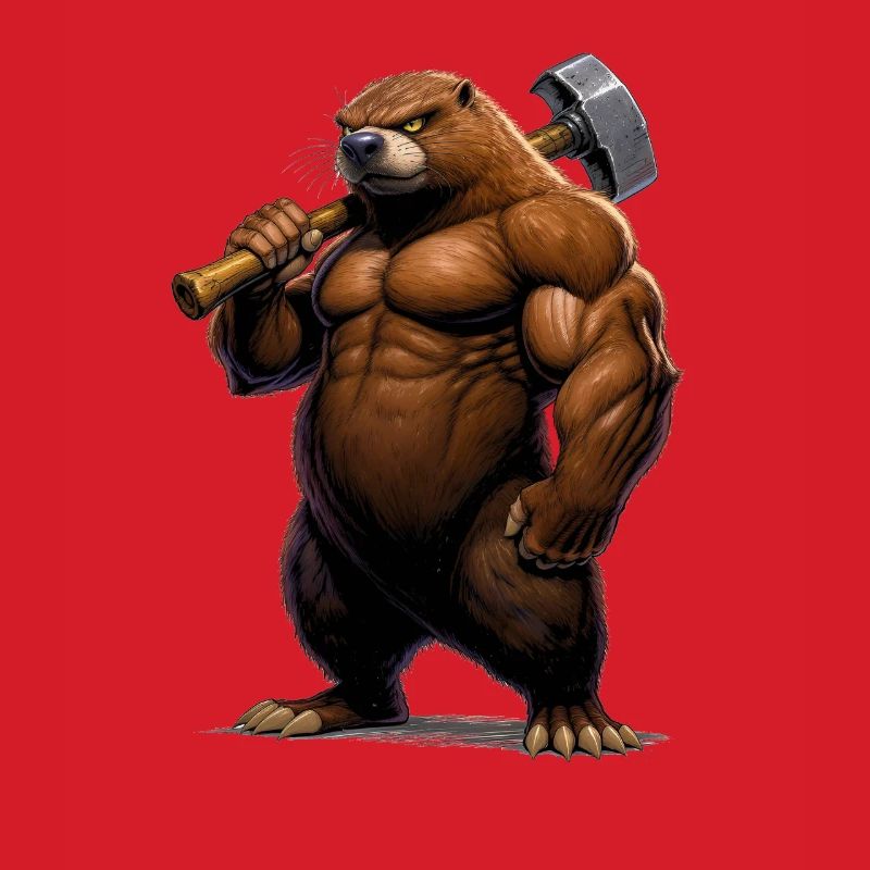 Muscular comic mole with hammer