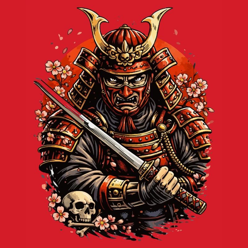 Samurai with cherry blossoms and skull