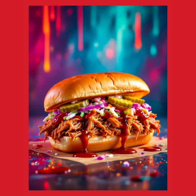 Juicy pulled pork burger surrounded by explosive